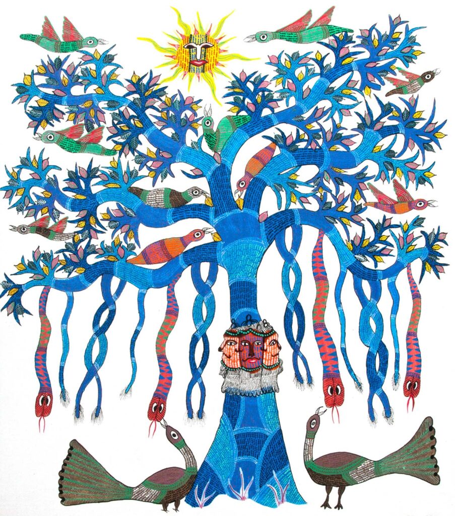 Gond painting depicting colourful tree